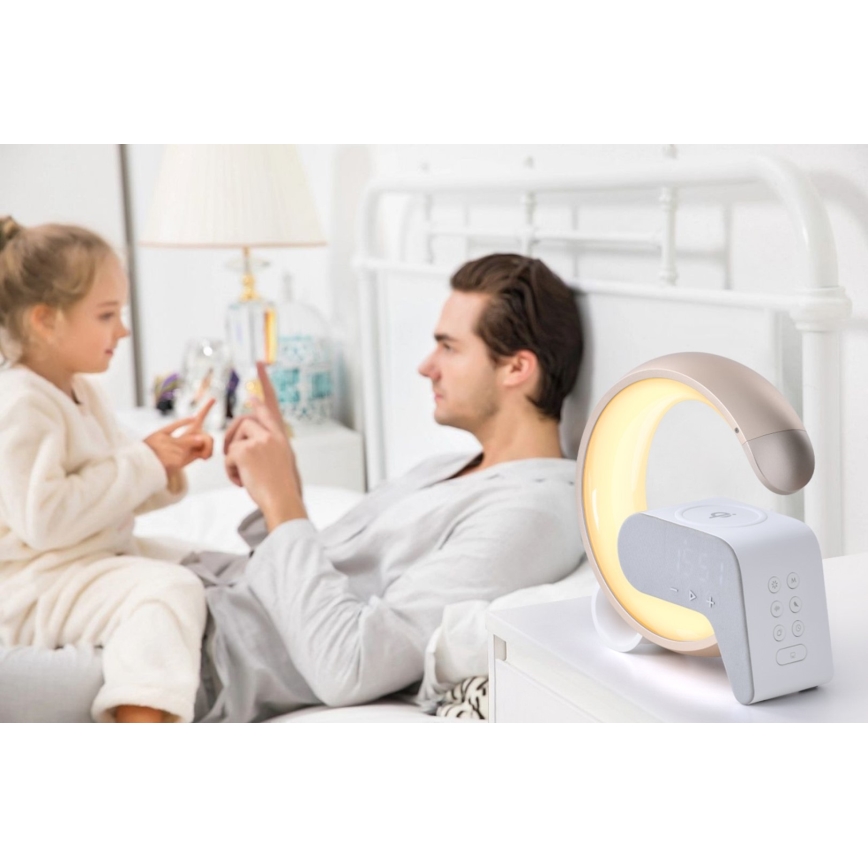 LED RGB stolna lampa s prigušivanjem, budilicom i Qi punjenjem 30W/230V zlatna