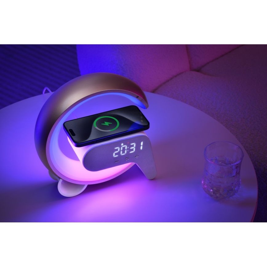 LED RGB stolna lampa s prigušivanjem, budilicom i Qi punjenjem 30W/230V zlatna