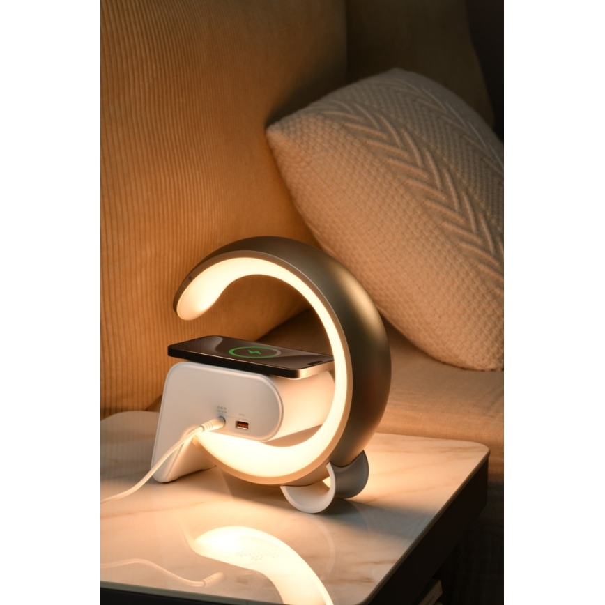 LED RGB Prigušiva stolna lampa s budilicom i Qi punjenjem 30W/230V zlatna