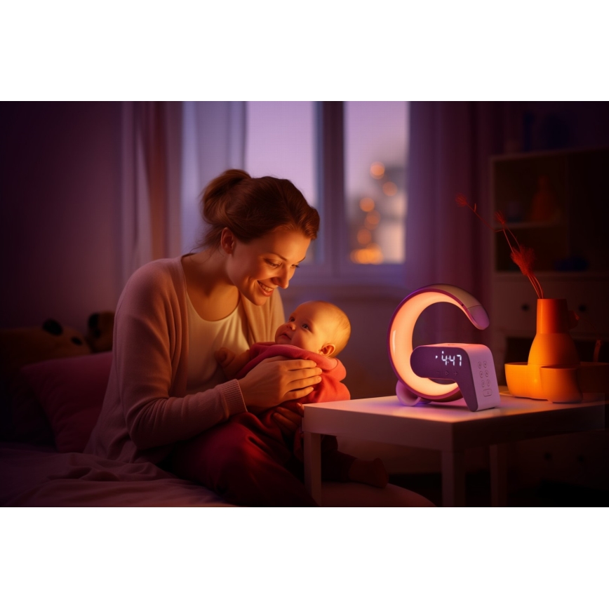 LED RGB Prigušiva stolna lampa s budilicom i Qi punjenjem 30W/230V zlatna