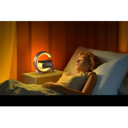 LED RGB Prigušiva stolna lampa s budilicom i Qi punjenjem 30W/230V zlatna