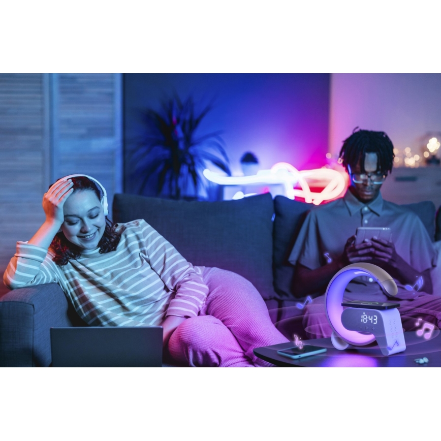 LED RGB Prigušiva stolna lampa s budilicom i Qi punjenjem 30W/230V zlatna