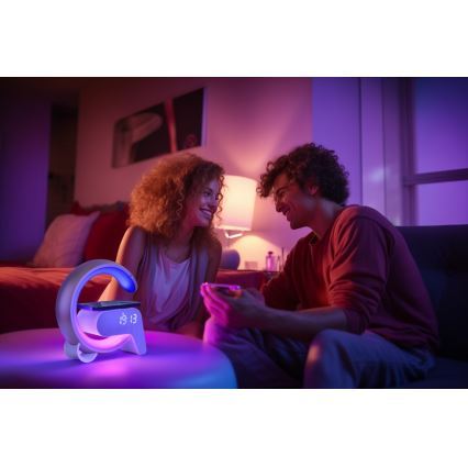 LED RGB Prigušiva stolna lampa s budilicom i Qi punjenjem 30W/230V zlatna