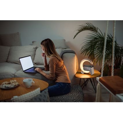 LED RGB Prigušiva stolna lampa s budilicom i Qi punjenjem 30W/230V zlatna