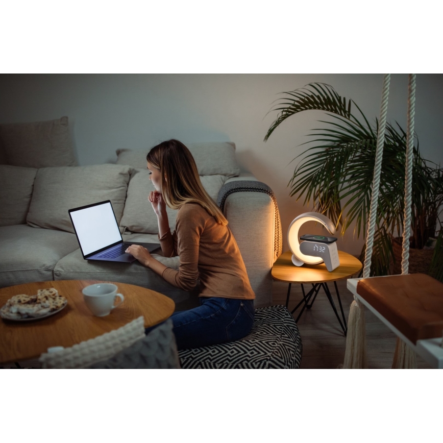LED RGB Prigušiva stolna lampa s budilicom i Qi punjenjem 30W/230V zlatna