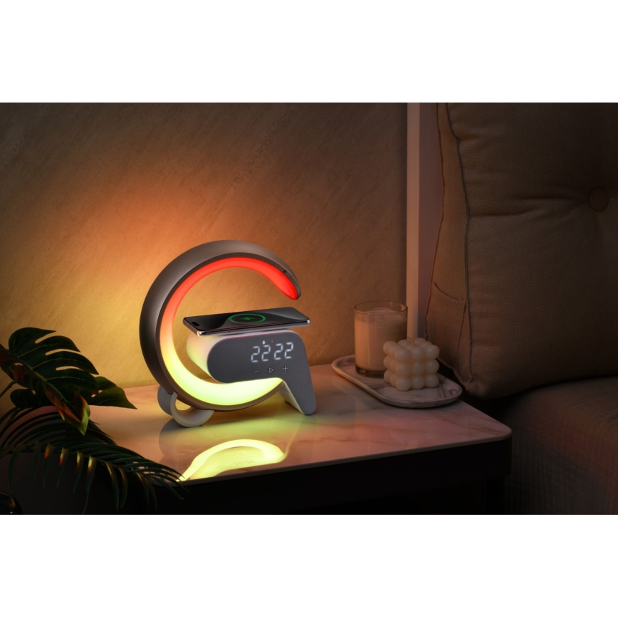 LED RGB Prigušiva stolna lampa s budilicom i Qi punjenjem 30W/230V zlatna