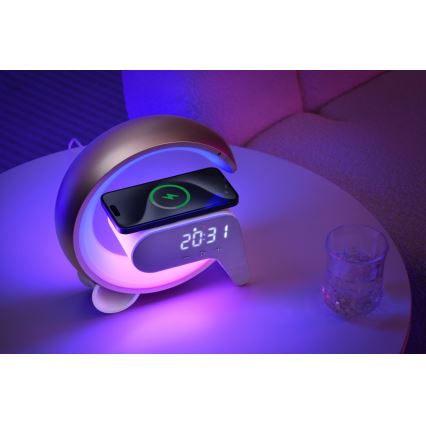 LED RGB Prigušiva stolna lampa s budilicom i Qi punjenjem 30W/230V zlatna