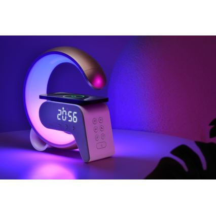 LED RGB Prigušiva stolna lampa s budilicom i Qi punjenjem 30W/230V zlatna