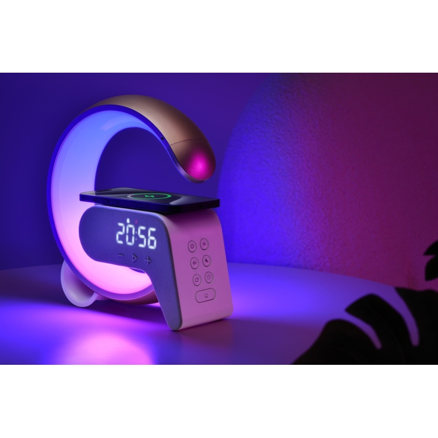 LED RGB Prigušiva stolna lampa s budilicom i Qi punjenjem 30W/230V zlatna