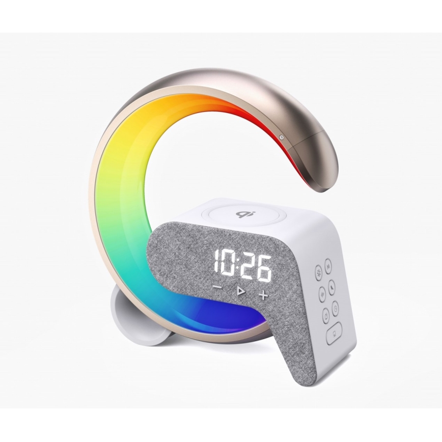 LED RGB Prigušiva stolna lampa s budilicom i Qi punjenjem 30W/230V zlatna