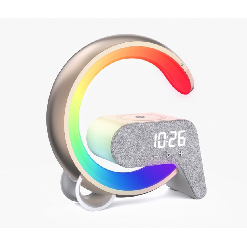 LED RGB Prigušiva stolna lampa s budilicom i Qi punjenjem 30W/230V zlatna