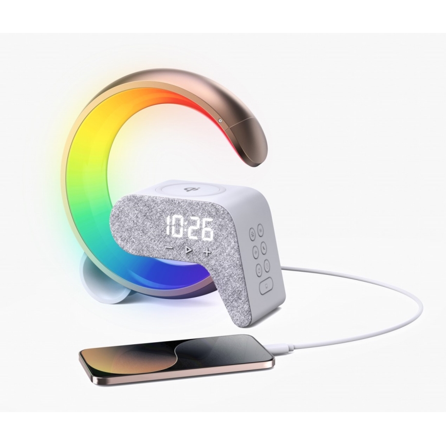 LED RGB Prigušiva stolna lampa s budilicom i Qi punjenjem 30W/230V zlatna