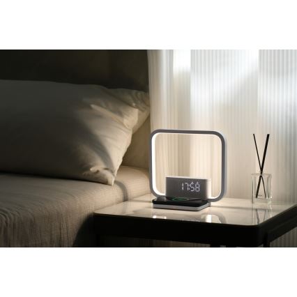 LED Prigušiva stolna lampa s budilicom i Qi punjenjem LED/18W/230V bijela