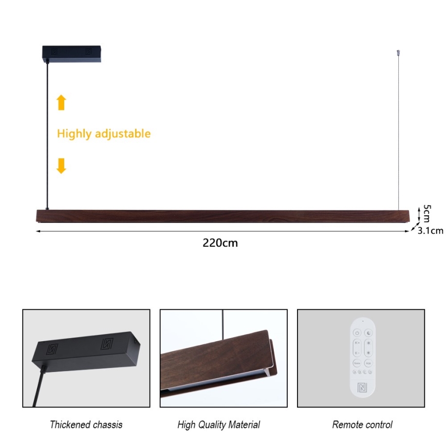 Immax NEO 07302L - LED prigušivi luster na sajli MADEIRA LED/44W/230V Wi‑Fi Tuya 202 cm orah + daljinski upravljač