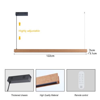 Immax NEO 07303L - LED luster na sajli MADEIRA s mogućnošću prigušivanja LED/26W/230V Wi-Fi Tuya, 122 cm, hrast + daljinski upravljač