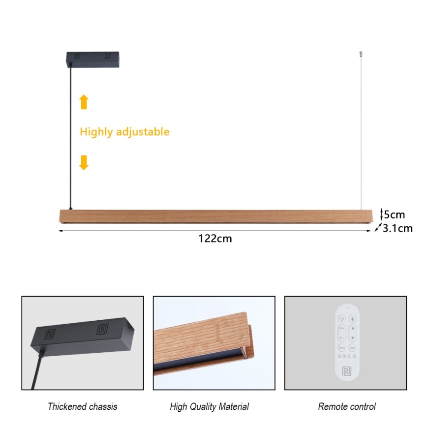Immax NEO 07303L - LED luster na sajli MADEIRA s mogućnošću prigušivanja LED/26W/230V Wi-Fi Tuya, 122 cm, hrast + daljinski upravljač