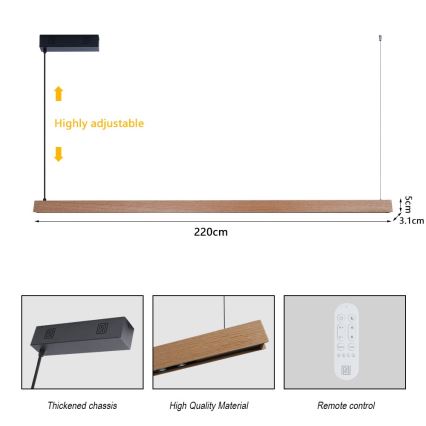Immax NEO 07305L - LED luster s mogućnošću prigušivanja na sajli MADEIRA LED/44W/230V Wi-Fi Tuya 202 cm hrast + daljinski upravljač