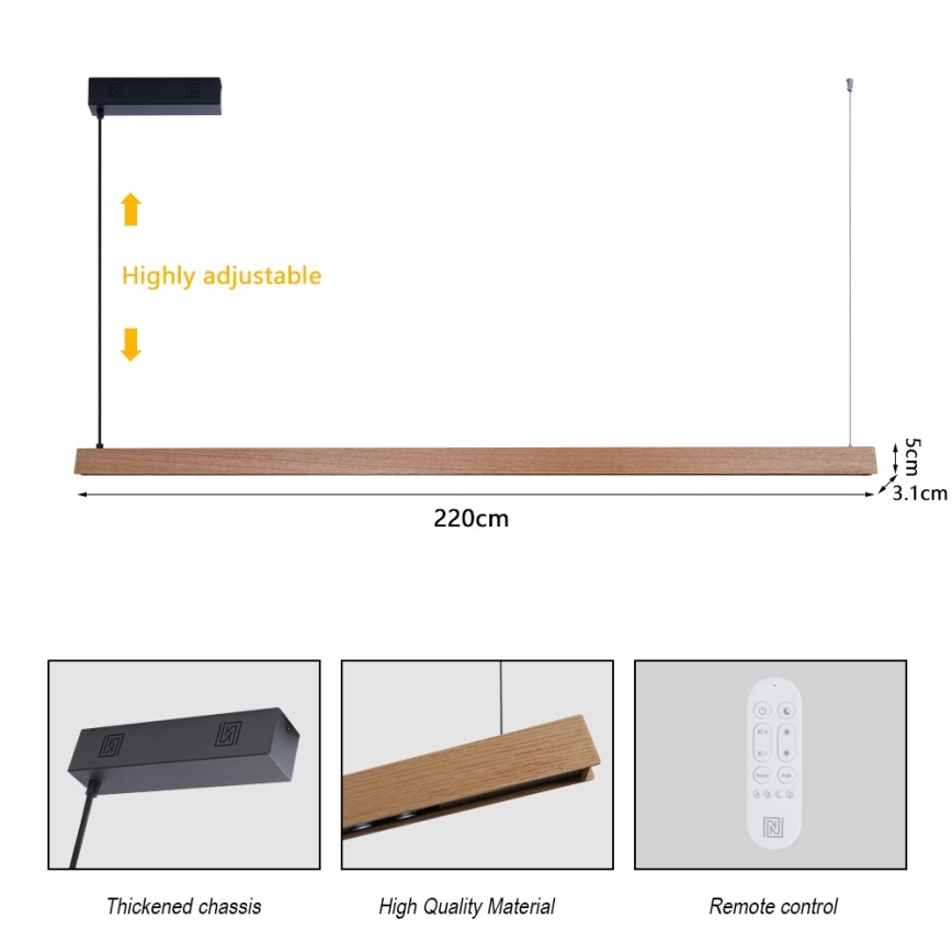 Immax NEO 07305L - LED luster s mogućnošću prigušivanja na sajli MADEIRA LED/44W/230V Wi-Fi Tuya 202 cm hrast + daljinski upravljač