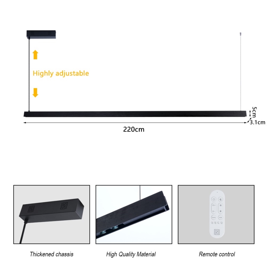 Immax NEO 07308L - LED luster s prigušivanjem na sajli MADEIRA LED/44W/230V Wi-Fi Tuya 202 cm crna + daljinski upravljač