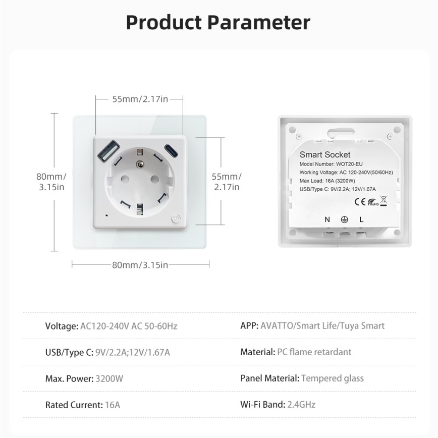 Immax NEO 07544L - Pametna utičnica E 16A/230V + 1x USB-A + 1x USB-C PD 20W Wi-Fi