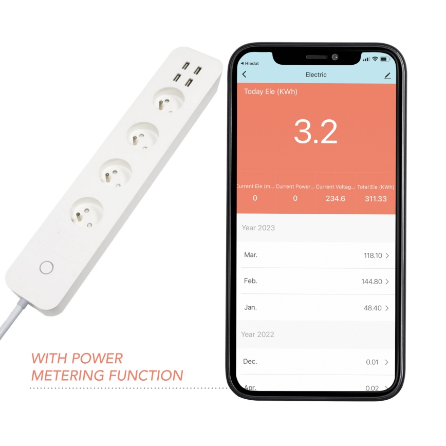 Immax NEO 07707L - Produžni kabel NEO LITE Smart 4AC + 4USB Wi-Fi Tuya 1,5m