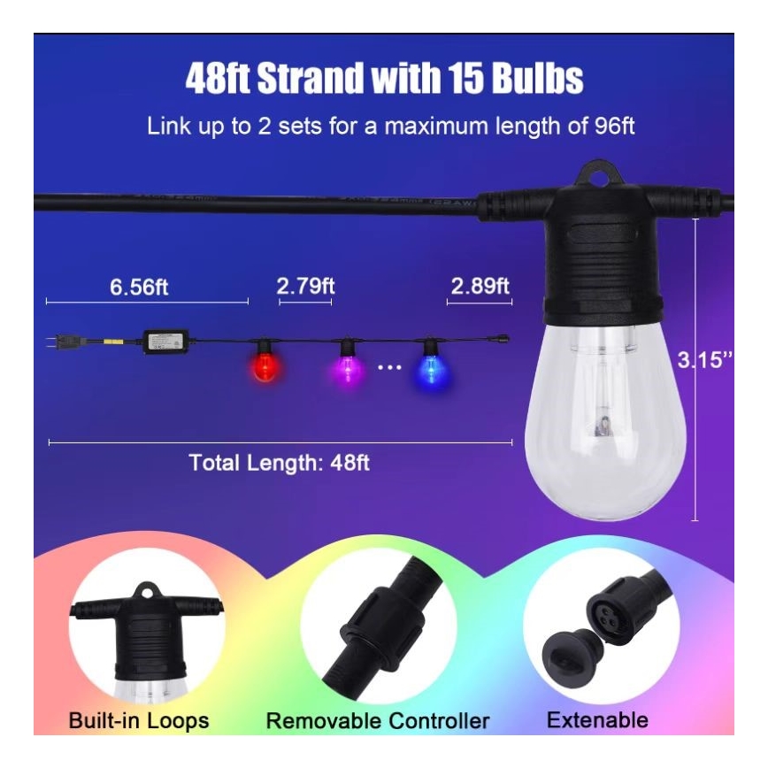LED RGB+CCT Prigušivi vanjski lanac GIRLANDA 15xLED/1W/230V 15m Wi-Fi Tuya IP65 + daljinski upravljač