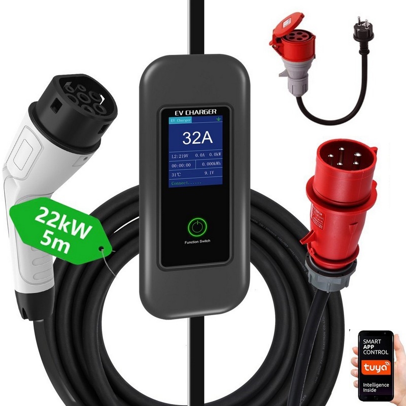 Immax - Putna EV stanica za punjenje električnih automobila AC Type 2 32A/380V 22kW + utikač 230V 5m Wi-Fi Tuya