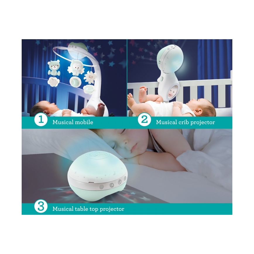 Infantino - Vrtuljak za krevetić s melodijama i projektorom 3u1 3xAAA zelena
