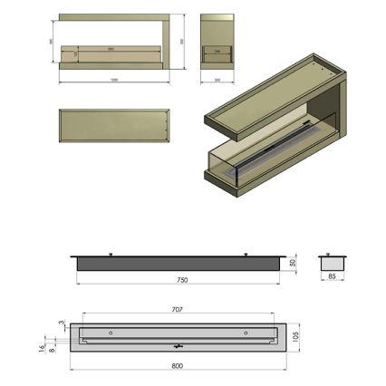 InFire - Kutni BIO kamin 100x50 cm 3kW dvostrani