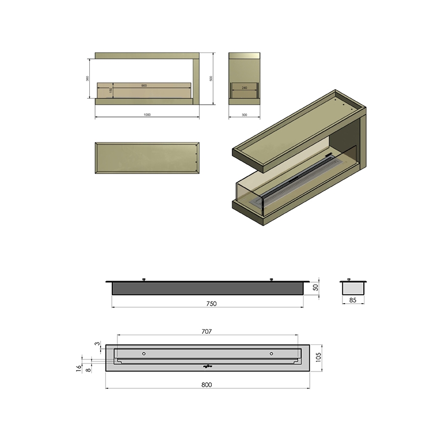InFire - Kutni BIO kamin 100x50 cm 3kW dvostrani