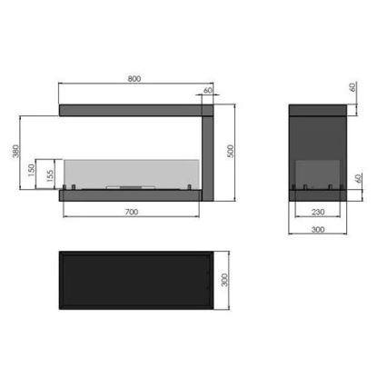 InFire - Kutni BIO kamin 80x50 cm 3kW dvostrani