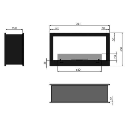 InFire - Ugradbeni BIO kamin 90x50 cm 3kW dvostrani