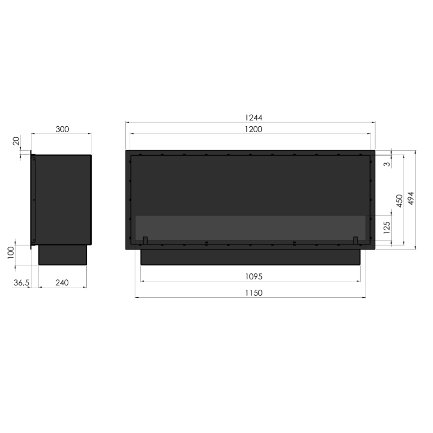 InFire - Ugrađeni BIO kamin 49,4x124,4 cm 6kW crna