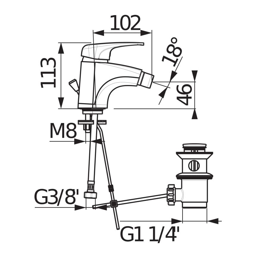 JIKA H3411U10041111 - Baterija za bide + odtok bez preliva DEEP 11,3 cm sjajni krom