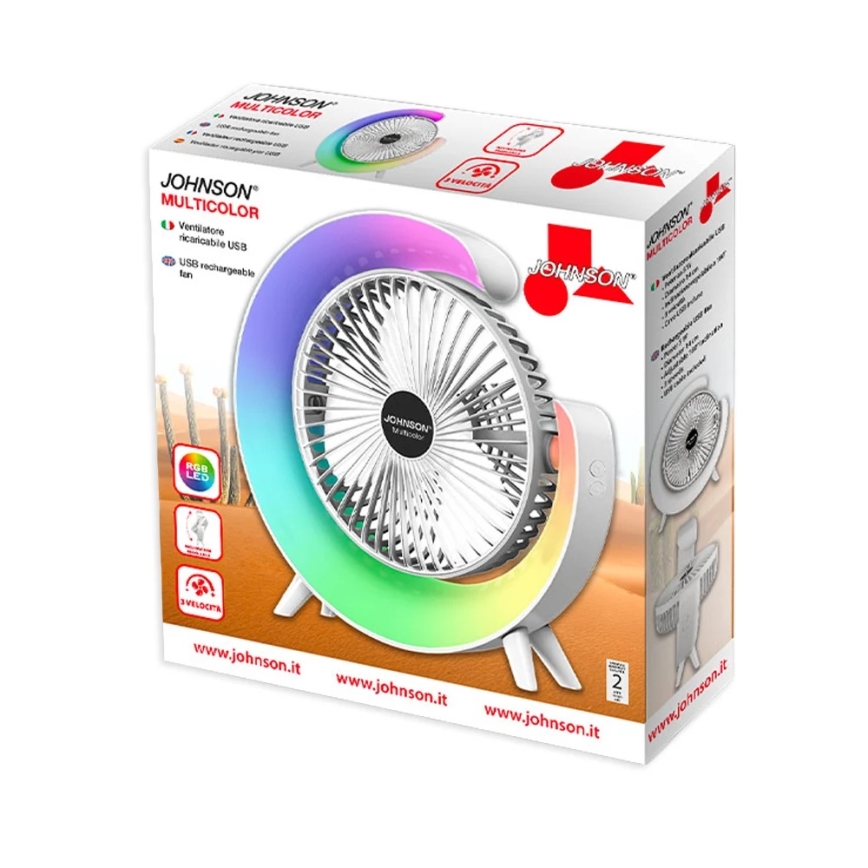 JOHNSON - LED RGB punjivi stolni ventilator MULTICOLOR LED/5W/3,7V 1200 mAh promjer 14 cm bijela