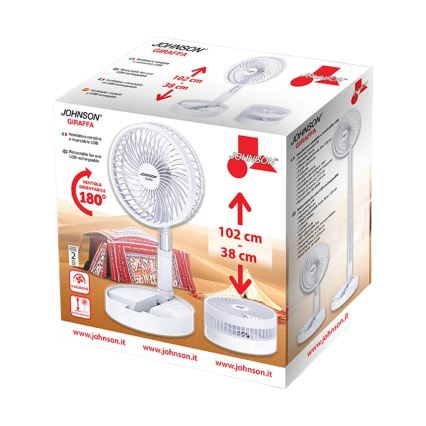 JOHNSON - Punjivi stolni ventilator GIRAFFA 5W/3,7V 1200 mAh promjer 20 cm bijela