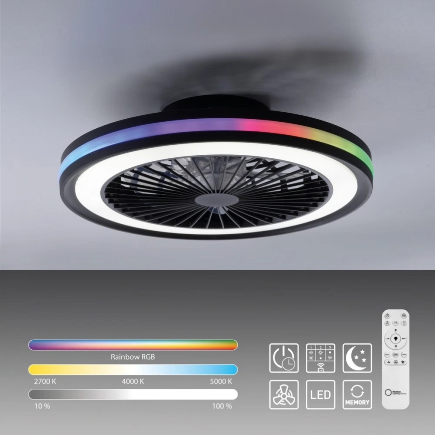 JUST LIGHT. 14649-18 - LED RGBW Prigušivi stropni ventilator sa svjetlom BRANDON LED/36W/230V 2700-5000K pr. 46,5 cm crna + daljinski upravljač