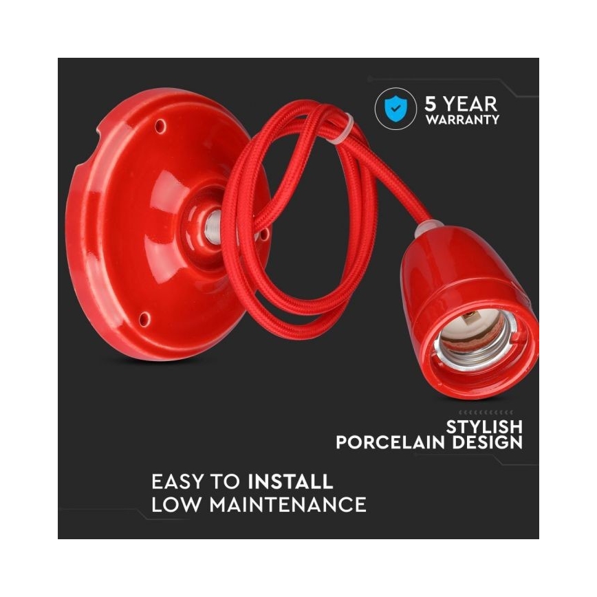 Kabel za napajanje 1xE27/60W/230V crvena/porculan