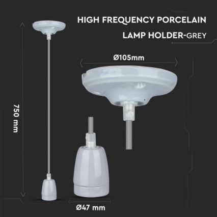 Kabel za napajanje 1xE27/60W/230V siva/porculan
