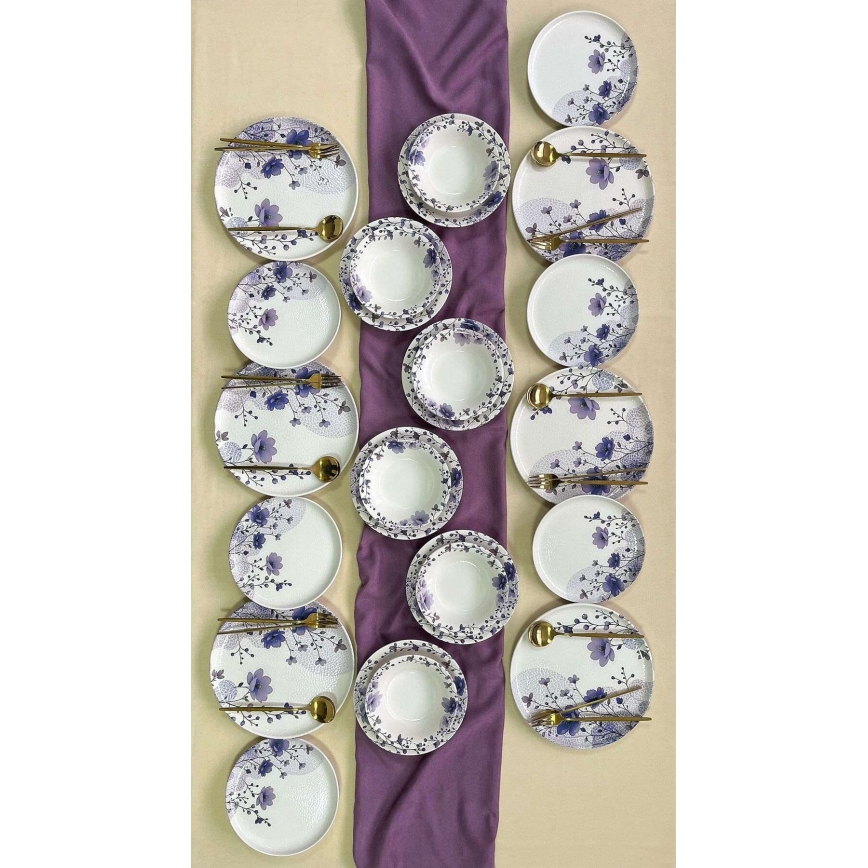 Keramički set za jelo, 24 kom, bijela/ljubičasta