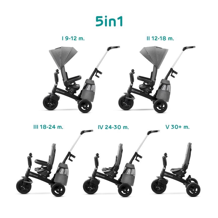 KINDERKRAFT - Dječji tricikl 5u1 EASYTWIST siva/crna