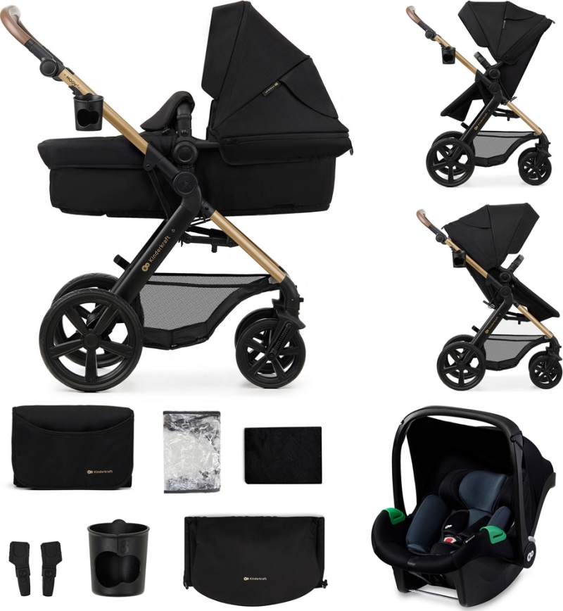 KINDERKRAFT - Kombinirani dječja kolica 3u1 MOOV 2 Pure black + autosjedalica MINK PRO