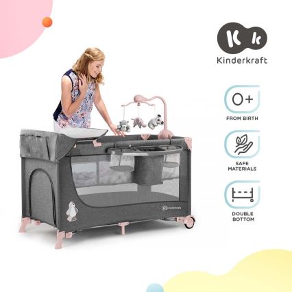 KINDERKRAFT - Putnička krevetica JOY s dodacima u sivo-roza boji