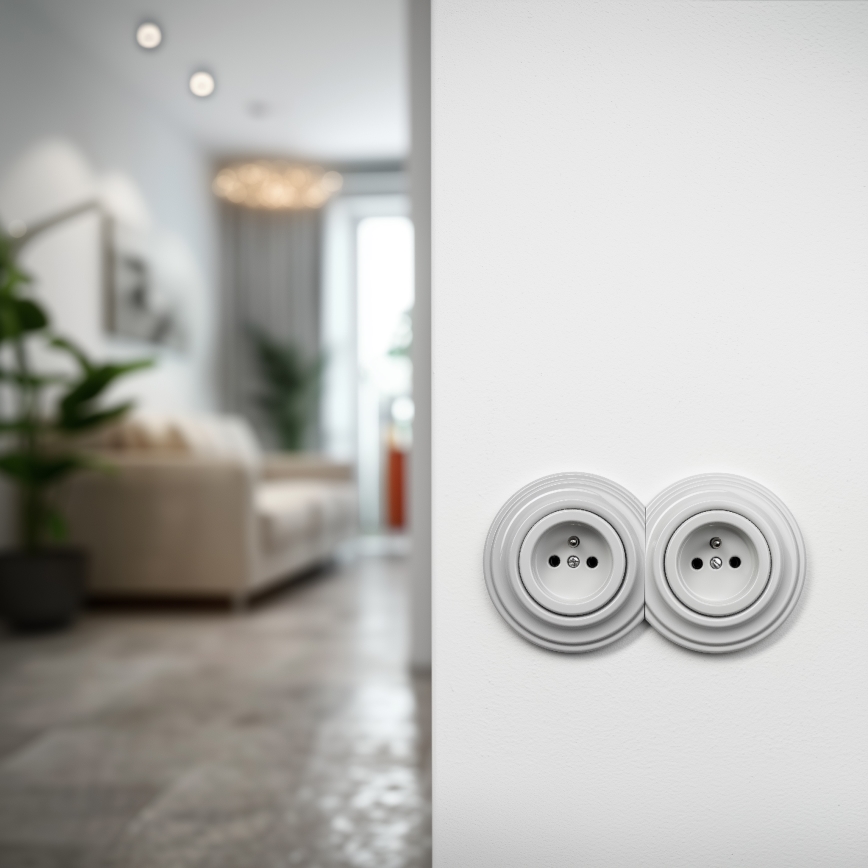 Kliklap - Dvostruka retro kućna utičnica s okvirom 230V, keramička, bijela