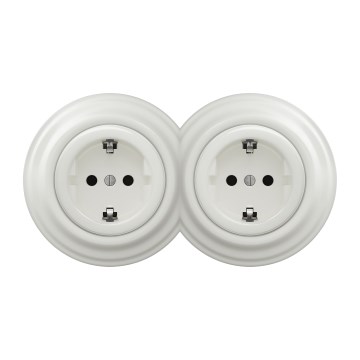Kliklap - Dvostruka retro zidna utičnica s okvirom SCHUKO 230V/16A, bijela