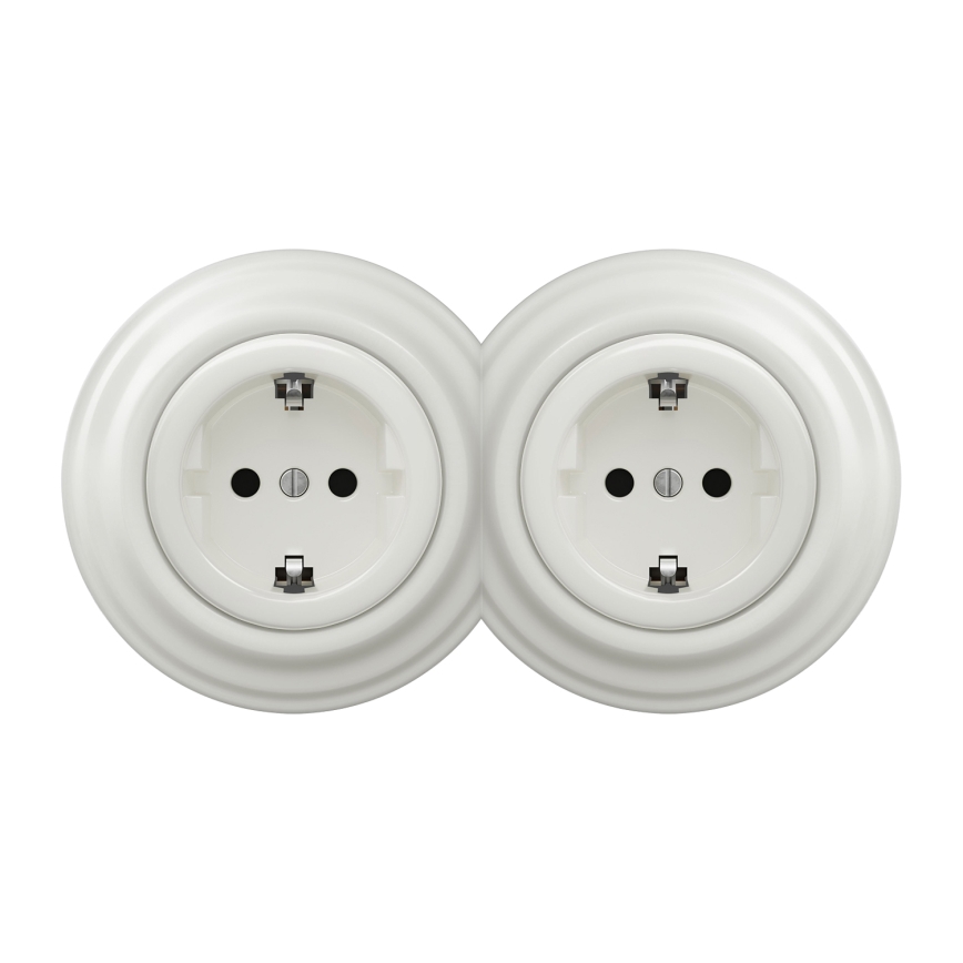 Kliklap - Dvostruka retro zidna utičnica s okvirom SCHUKO 230V/16A, bijela