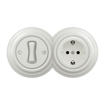 Kliklap - Retro jednopolni prekidač br. 1 i SCHUKO utičnica 230V s okvirom, bijela