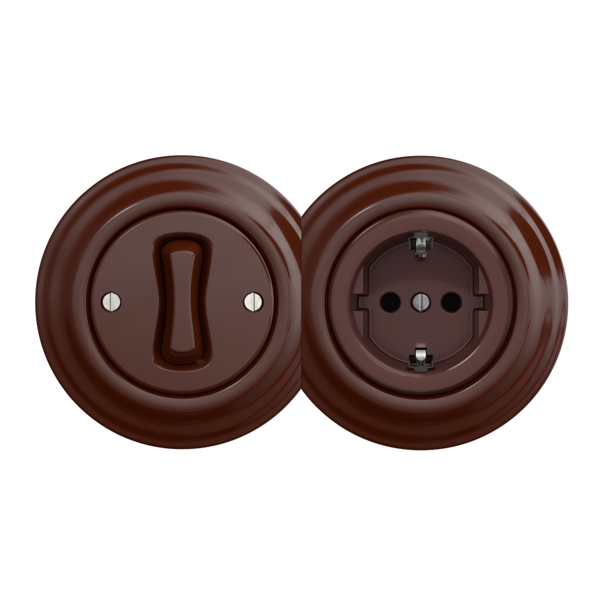 Kliklap - Retro jednopolni prekidač br. 1 i SCHUKO utičnica 230V s okvirom u smeđoj boji