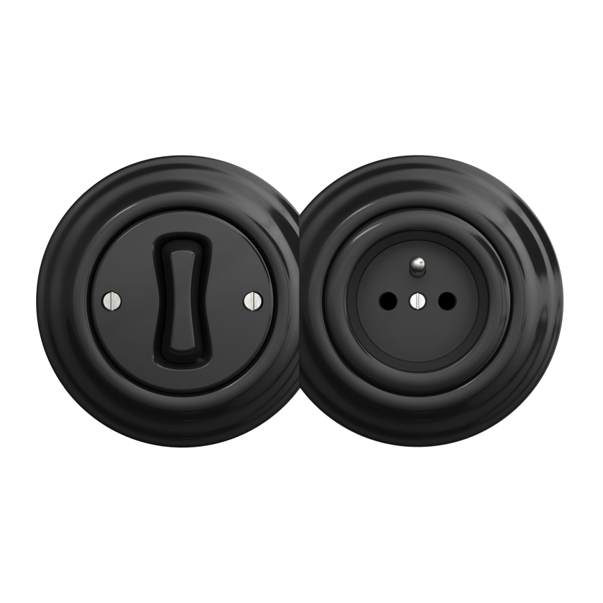 Kliklap - Retro jednopolni prekidač br. 1 i utičnica 230 V s okvirom, crna