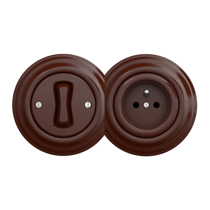 Kliklap - Retro jednopolni prekidač br. 1 i utičnica 230 V s okvirom, smeđe boje